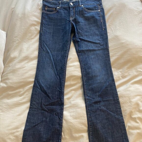 Vtg Guess Premium Y2K Denim Flare Leg Dark Wash Mid Rise Low Rise Jeans Size 31 - Picture 1 of 16